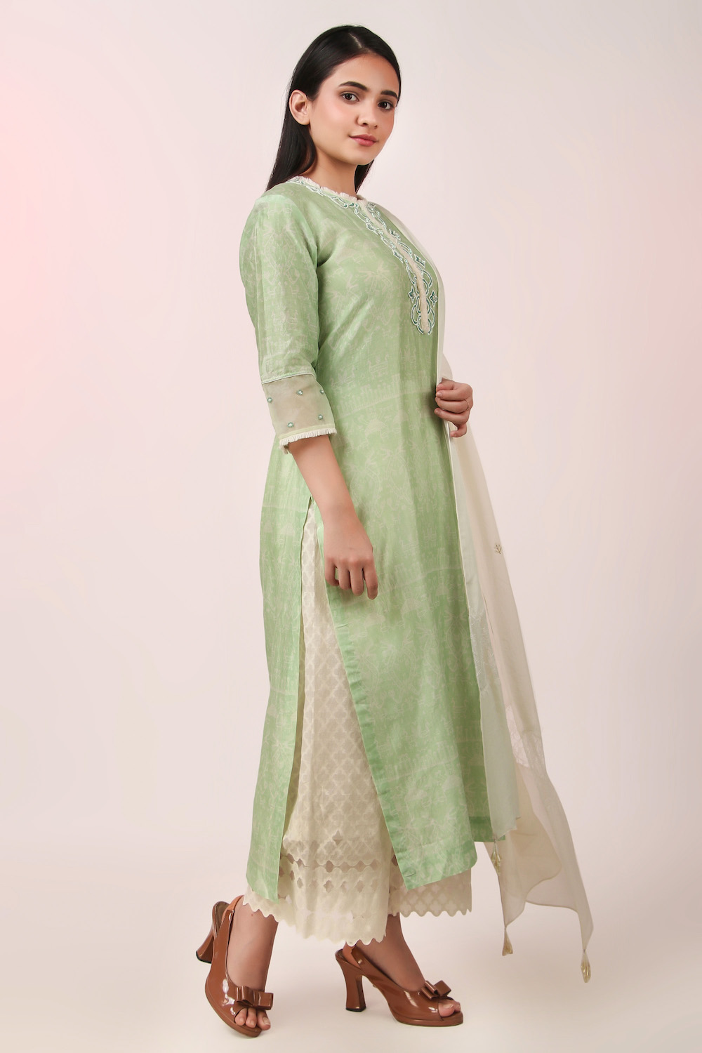 Mint green printed chanderi kurta set - Kriti Goel